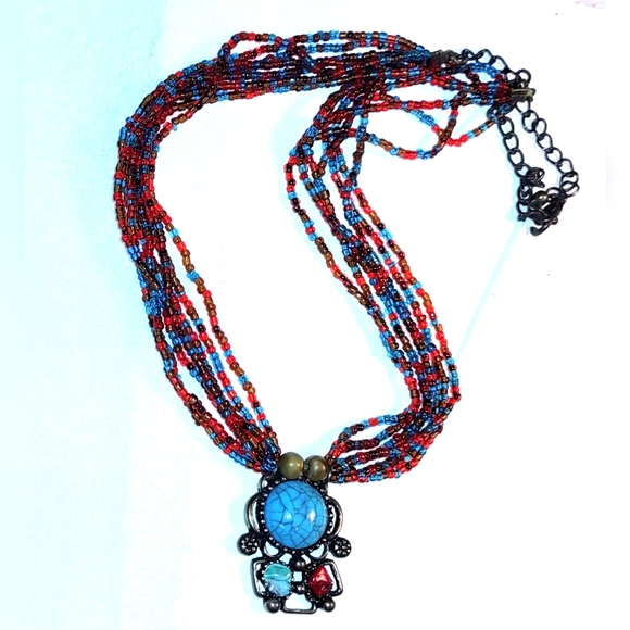 Multi-strand Turquoise & Red Beaded Necklace - Picture 4 of 7